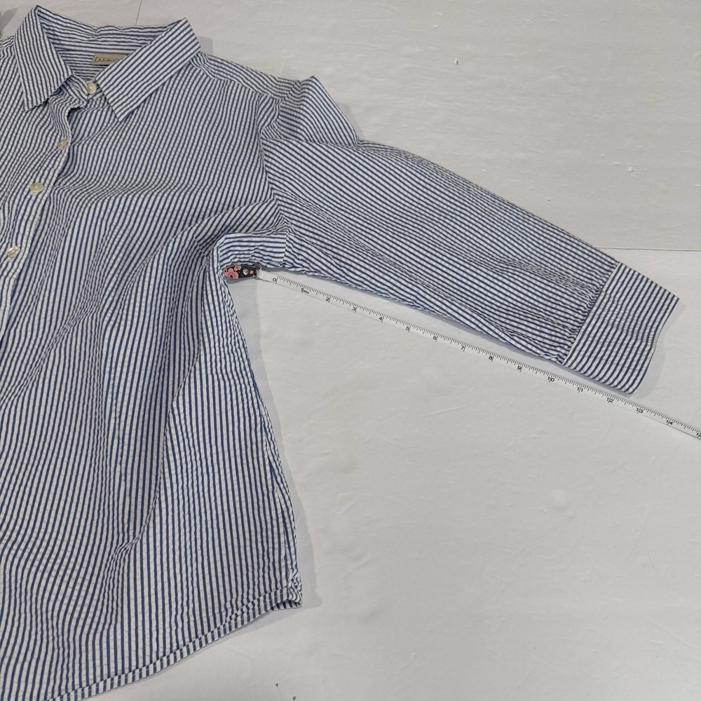 LL Bean Blue White Stripe 3/4 Sleeve‎ Button Up Cotton Seersucker Shirt LARGE - Picture 9 of 11